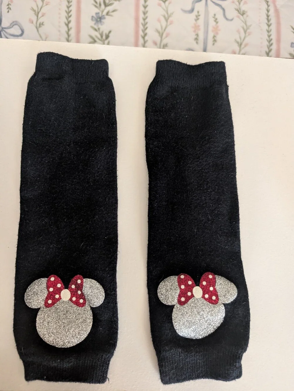 Disney Black Leg Warmers with Silver Minnie Head and Red Bow